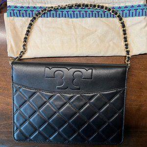 Tory Burch Black Savannah Clutch Quilted Leather Crossbody Purse Bag